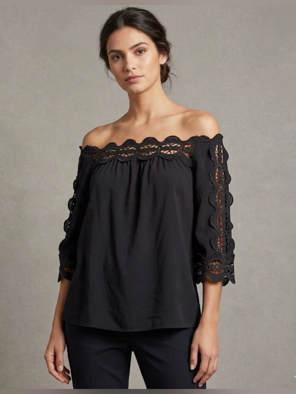 Black Off The Shoulder Lace Sleeve Blouse Top Coquette Boho Chic Sz 2XL